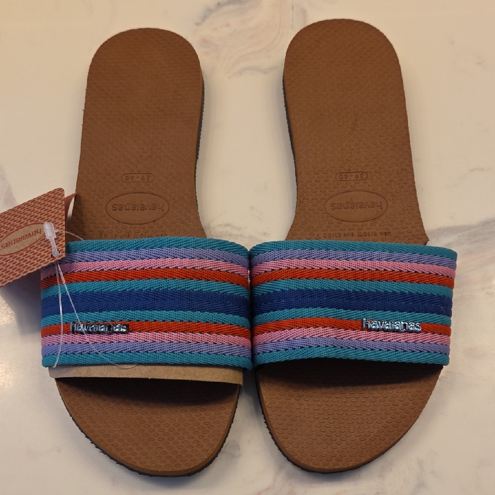 Havaianas Brown Footbed Slide Sandals with Blue and Pink Striped Bands